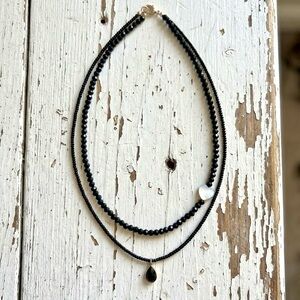 Dainty Black Choker Style Double Strand Beaded Necklace w/ Spinel Pendant